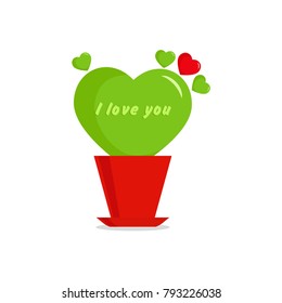 Valentine's day greeting card, green heart, leaf in red flowerpot, greeting inscription - I love you