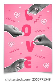 Valentines Day Greeting Card. Halftone hands holding love letters. Retro torn paper collage with hand drawn pink hearts. Trendy romance concept. Printable postcard, banner, poster. Vector illustration