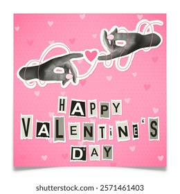 Valentines Day Greeting Card. Halftone touching hands sign. Letters torn out of paper collage. Fingers tied with string. Trendy romance concept postcard with hand drawn pink heart. Vector illustration