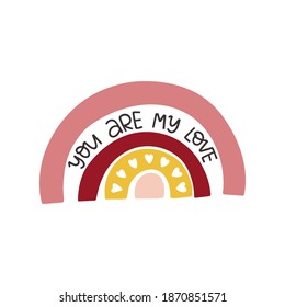 Valentines Day greeting card. Hand drawn rainbow vector illustration isolated on white background. Cute design for print, poster, sticker, clipart, banner, advertising.