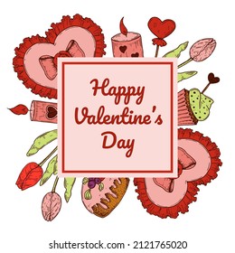 Valentines day greeting card with hand drawn elements. Vector illustration