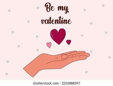 Valentine's Day greeting card with a hand and hearts. Vector illustration