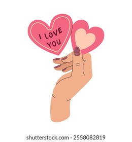 Valentine's Day Greeting Card. Hand holds pink valentine heart with love message. February 14 celebration of love. Simple square Background postcard, congratulations, poster. Vector flat illustration.