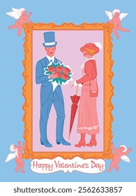 Valentine's Day Greeting Card in hand drawn retro style. Includes Couple in love with flowers on a painting with a frame with angels and vignettes and patterns. Cute characters for romantic holiday.