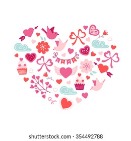 Valentine's Day greeting card with hand drawn elements on white background. Big heart with bird, hearts, flower, ribbon, bow, clouds, cupcake, branch, garland, flags, leaves, arrow, dove and tulip.