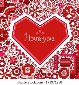 Valentine's day greeting card with hand-drawn painted red heart. Background with lots of mechanical details.