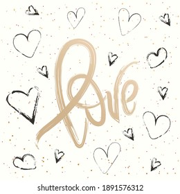 Valentines Day greeting card with handdrawn hearts on background. Love text poster, vector illustration