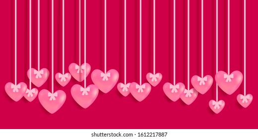 Valentine's Day greeting card with hanging pink hearts. Vector illustration EPS10