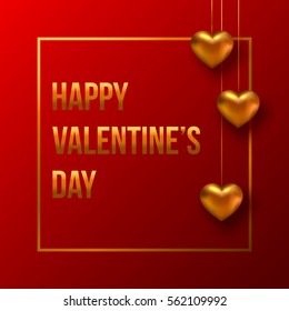Valentines day greeting card with hanging gold heart on dark-red background.