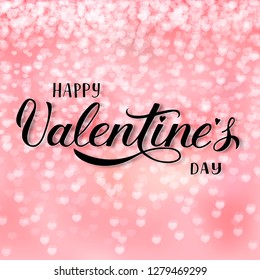 Valentines  day greeting card. Happy Valentine’s Day calligraphy hand lettering on soft pink background with falling hearts confetti. Easy to edit vector template for flyer, banner, party invitation.