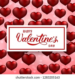 Valentines  day greeting card. Happy Valentine’s Day calligraphy hand lettering on pink background with 3d flying heart balloons. Easy to edit vector template for party invitation, flyer, banner.