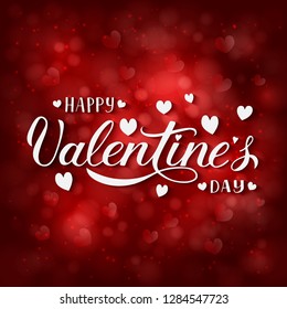 Valentines day greeting card. Happy Valentine’s Day hand lettering. Red blurred bokeh background. Easy to edit vector template for invitations, flyers, badges, banners, posters etc.
