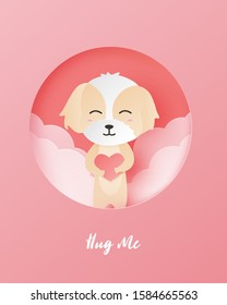 Valentines day greeting card with happy dog and heart shape in paper cut style. Digital craft paper art valentine's day concept.