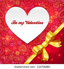 Valentines day greeting card with heart and golden ribbon