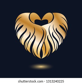 Valentine's Day greeting card with heart and wings. Golden bird feather icon. Decorative design element isolated on black background. Vector illustration. 