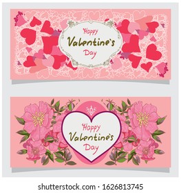 Valentine`s day greeting card with heart flovers, petals and text with greetings.