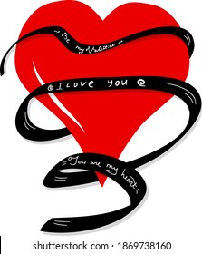 Valentine's day greeting card. The heart is wrapped in a ribbon with the words I love you, You are my heart, Be my Valentine. Vector cartoon illustration