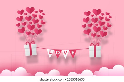 valentine's day greeting card with heart love balloon with gift box paper cut style with pink background