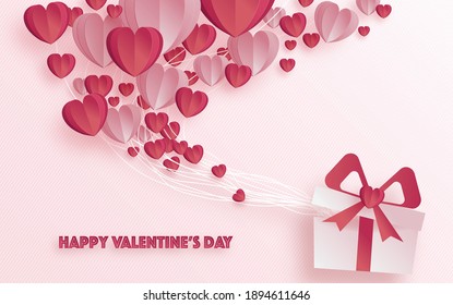 Valentine's day greeting card with 
heart love and rose paper cut art and craft style on paper background for Happy Valentine's day
