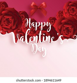 Valentine's day greeting card with 
heart love and rose paper cut art and craft style on paper background for Happy Valentine's day

