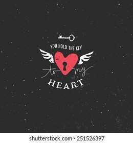 Valentine's day greeting card with heart and lettering on chalkboard. Vector hand drawn illustration.