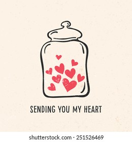 Valentine's day greeting card with heart, jar, lettering and other decorative elements. Vector hand drawn illustration.