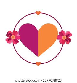 Valentine's day greeting card with heart and flowers. Vector illustration valentines day heart with arrow and flower Heart with flowers and feathers. Heart with flowers and leaves. 