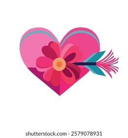 Valentine's day greeting card with heart and flowers. Vector illustration valentines day heart with arrow and flower Heart with flowers and feathers. Heart with flowers and leaves. 