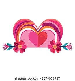 Valentine's day greeting card with heart and flowers. Vector illustration valentines day heart with arrow and flower Heart with flowers and feathers. Heart with flowers and leaves. 