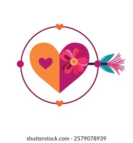 Valentine's day greeting card with heart and flowers. Vector illustration valentines day heart with arrow and flower Heart with flowers and feathers. Heart with flowers and leaves. 