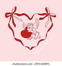 Valentines day greeting card. Heart frame with bows. Cute baby angel with wings and heart. Vintage cherub outlines with holiday lettering. Vector for posters, cards, printing on t-shirt etc.