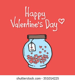 Valentine's day greeting card with heart, jar, lettering and other decorative elements. Vector hand drawn illustration.
