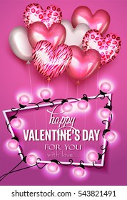 Valentine's Day greeting card with heart shaped air balloons with animal print , garland of lights and frame. Vector illustration