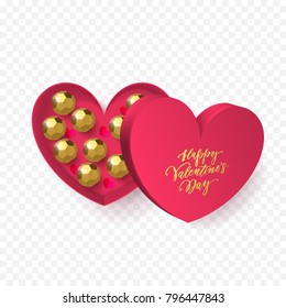 Valentines day greeting card of heart gift box decoration with chocolate candy in golden wrapper. Vector text calligraphy and gold confetti for Happy Valentine holiday pink background design