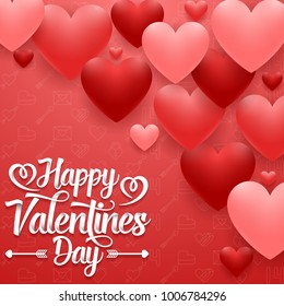 Valentines day greeting card with hearts on red background