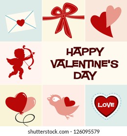 Valentine's day greeting card with hearts, cupid, ribbon, bird, heart shaped balloons