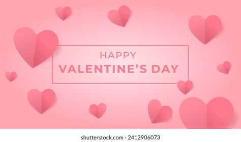 Valentine's Day greeting card with hearts and pink background. paper cut style.