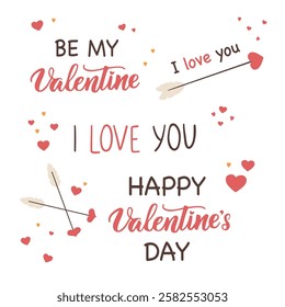 Valentine's day greeting card with hearts and arrow. Vector illustration.