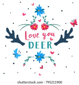 Valentine's day greeting card with hearts, flowers, butterflies and hand written quote
