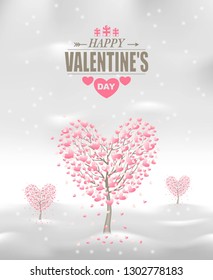 Valentine's Day greeting card with heart-shaped trees and vintage logo.