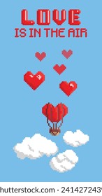 Valentines Day greeting card with a heart-shaped balloon in the sky. Pixel art style