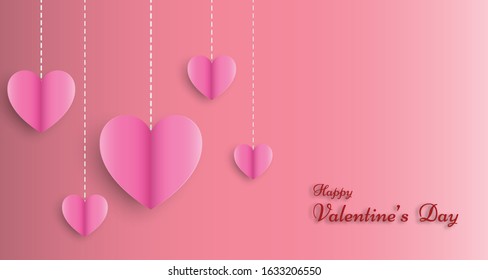 Valentine's Day greeting card, Holiday party, Banner, Poster, Flyer with line hanging pink hearts. Vector illustration paper art design