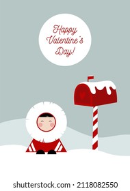 Valentine's Day greeting card. Illustration of the Eskimo and post box 