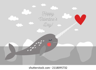 Valentine's Day greeting card. Illustration of the cute narwhal with heart
