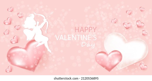 Tarjeta de bienvenida de San Valentín. Ilustración con corazones cupidos, 3d rosados y blancos, y confetti.  Felicitaciones por el Día de San Valentín.Ilustración vectorial.