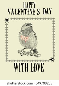 Valentine's Day Greeting Card - Illustration of little cute bird  with big red abstract heart 