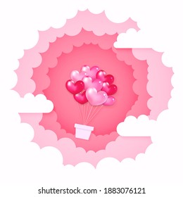 Valentine's day greeting card image. Heart shaped balloons fly through paper cut out sky. Realistic vector.