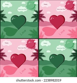 Valentines Day greeting card with the image of a heart on the ocean, with palm trees, clouds and the sun in the sky and the inscription happy Valentine's day.