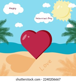 Valentines Day greeting card with the image of a heart on the ocean, with palm trees, clouds and the sun in the blue sky and the inscription happy Valentine's day.