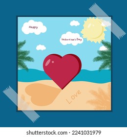 Valentines Day greeting card with the image of a heart on the ocean, with palm trees, clouds and the sun in the blue sky and the inscription happy Valentine's day.